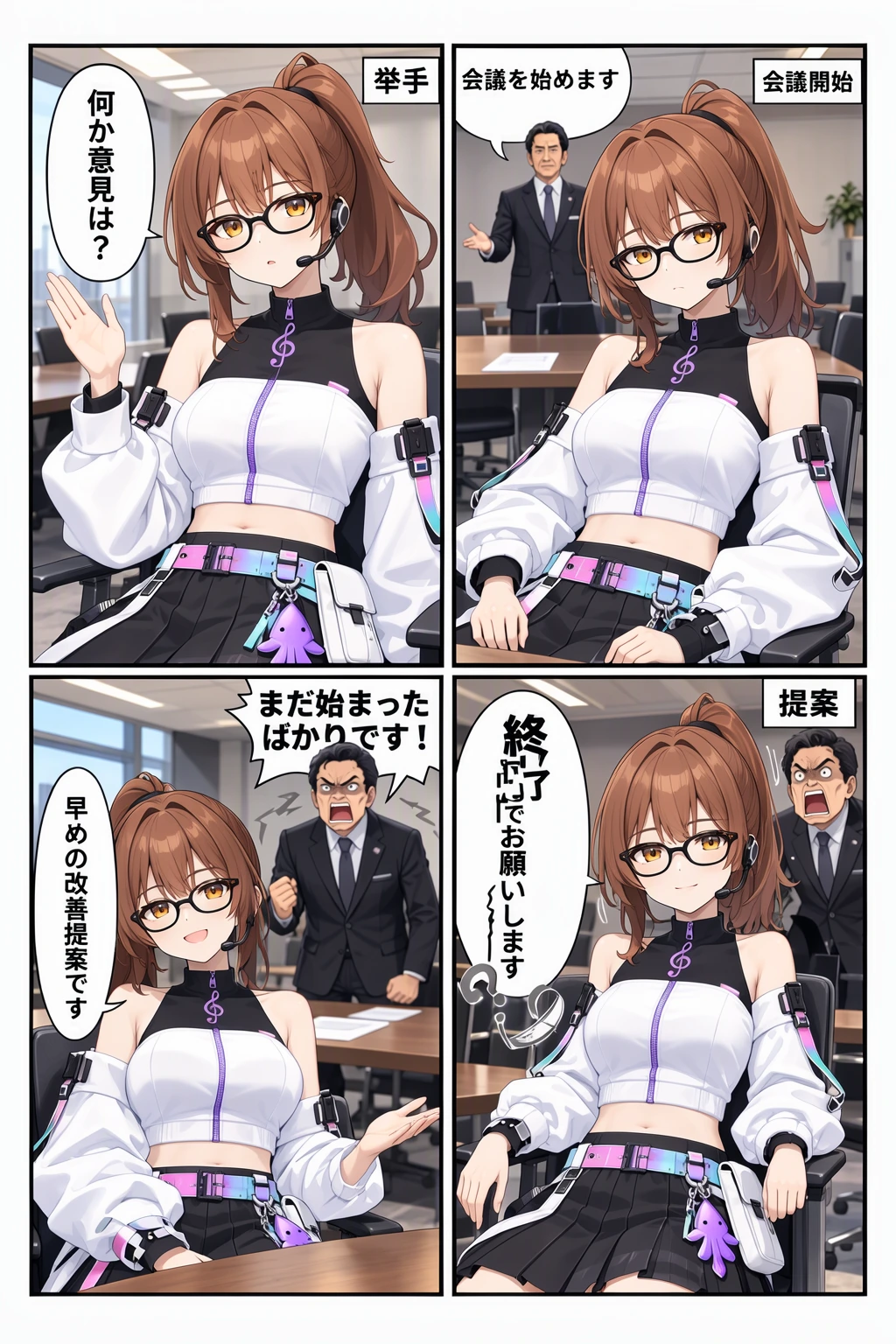 MOSS-Image-SFTで生成した4コマ漫画『会議の改善案』。最終版には日本語の文字化けが一部残る