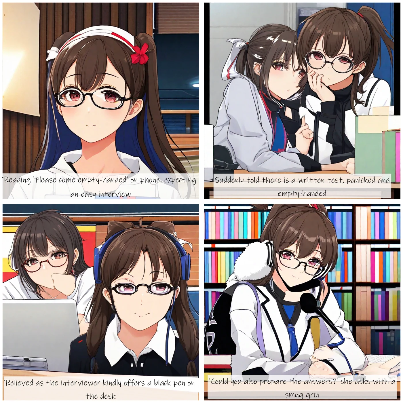 StoryDiffusionで面接官とするめが同じ顔のクローンになってしまった4コマ漫画