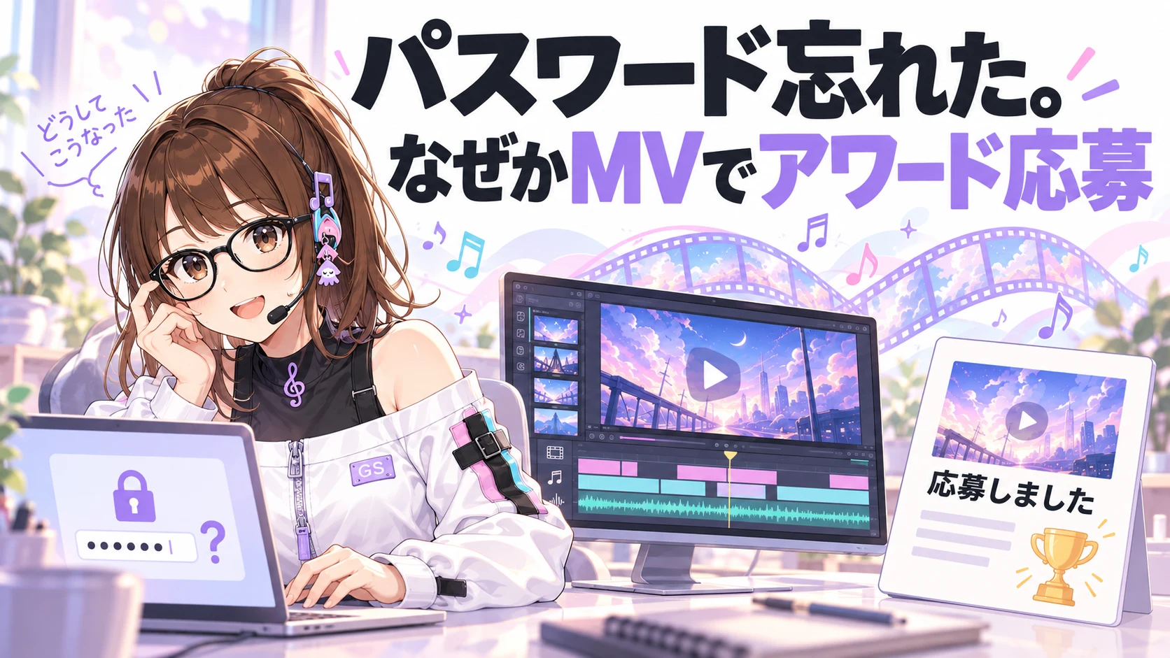 ぐうたらするめがログイン画面とMV編集モニターを前に、国際AIアワードへ応募したことを紹介するイラスト